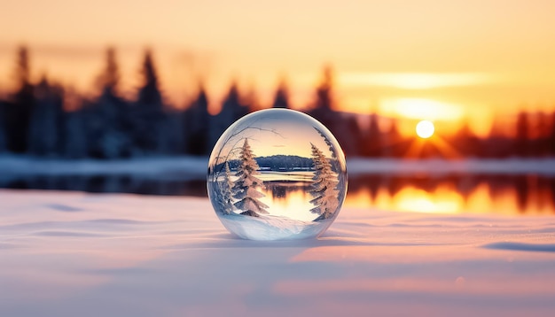 写真 美しい冬の風景を背景にしたガラスのボール