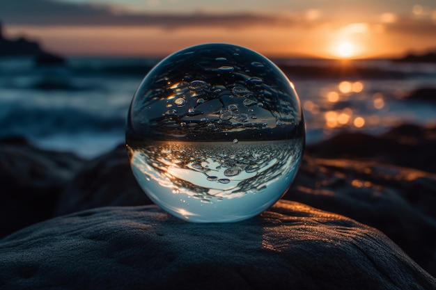 A glass ball on a rock with the sunset in the background