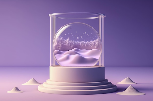 Glass ball of sand on the podium with purple background