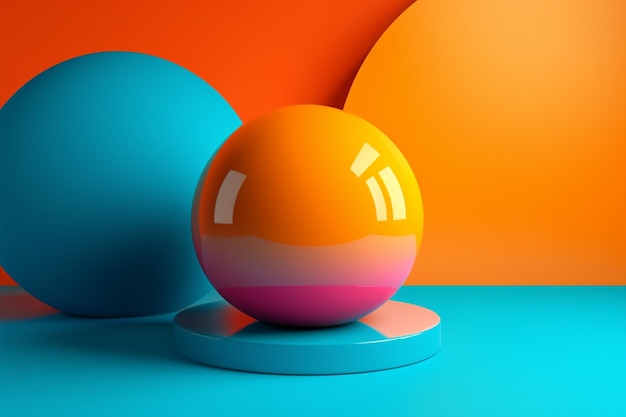 Стеклянный шар сидит на синем и оранжевом фоне Генеративный ИИ