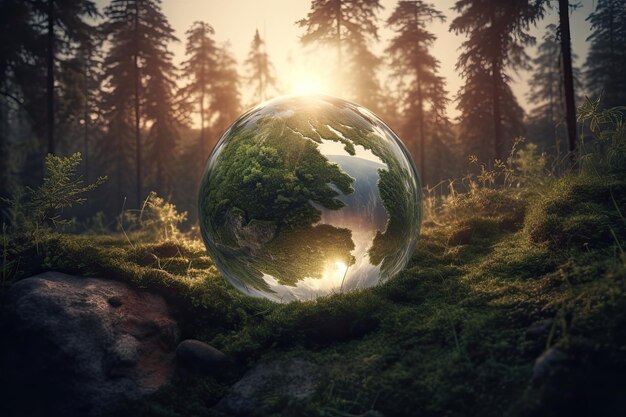 A glass ball sits on the ground in front of a forest.