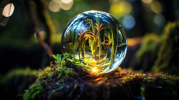 A glass ball sits on a mossy tree branch.