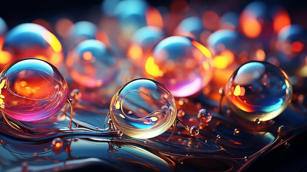 A glass ball sits on a table in front of a colorful lamp.