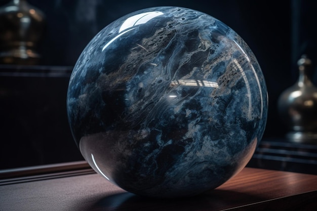 A glass ball sits on a table in front of a dark window.
