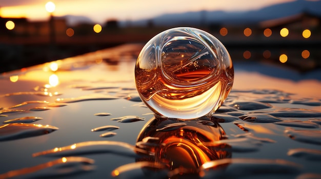 a glass ball sits on a table in front of a sunset.