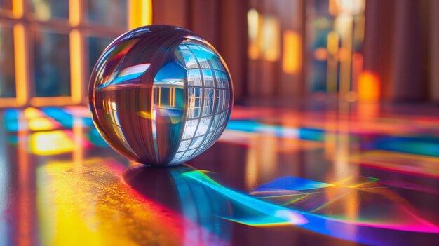 a glass ball sits on a table with a reflection of a building in the background