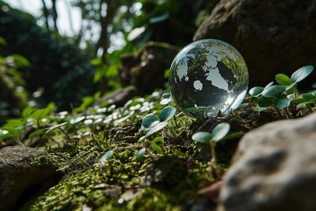 a glass ball sitting on top of a moss covered ground