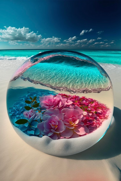 Glass ball sitting on top of a sandy beach generative ai