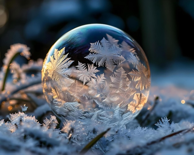 a glass ball sitting on top of snow covered ground