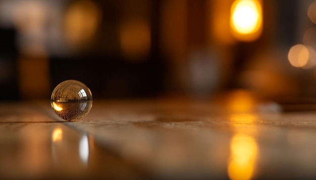 Photo a glass ball on a table with a fire in the background