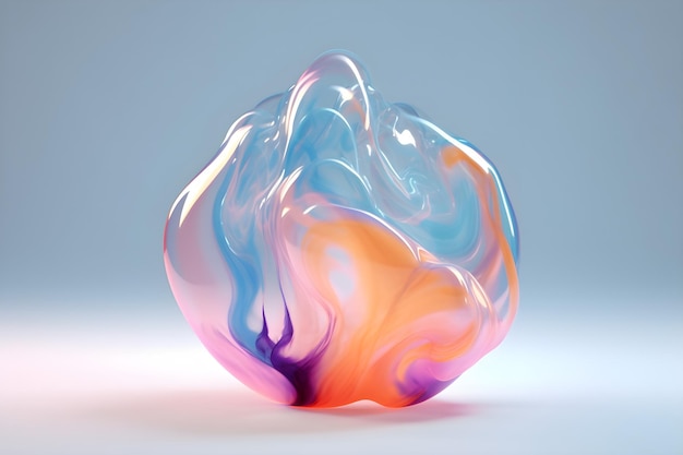 A glass ball with a blue and orange swirl design.