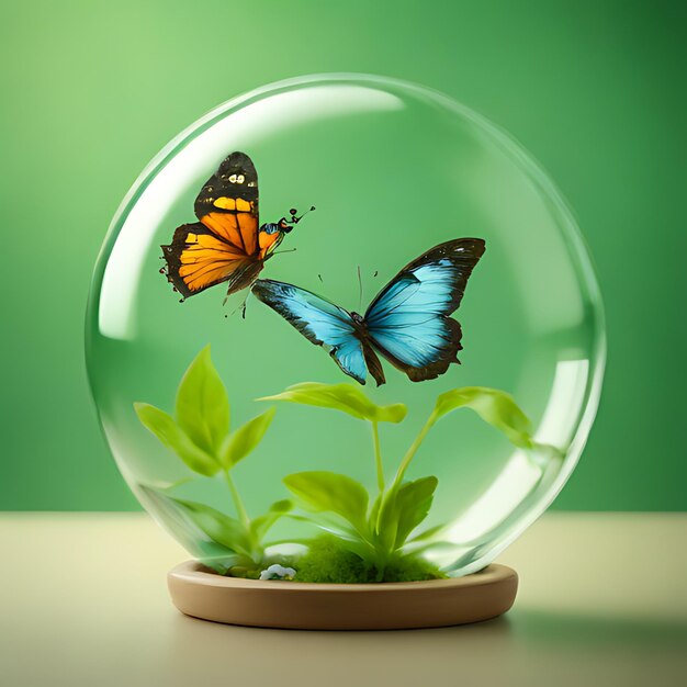 a glass ball with butterflies on it and a green background