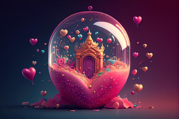 A glass ball with a castle inside and a heart shaped window.