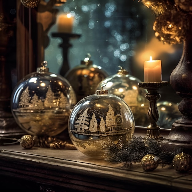 A glass ball with a christmas tree on it next to a candle holder.