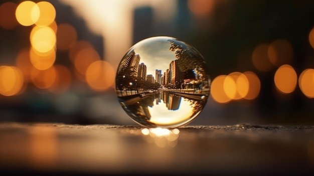 A glass ball with a city in the background