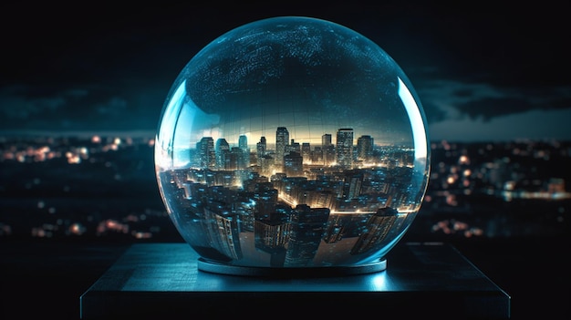 A glass ball with a city in the background