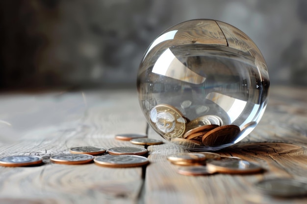 a glass ball with a coin and a coin with a dollar coin in it