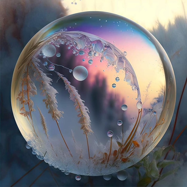 A glass ball with a colorful background and the word " dandelion " on it.