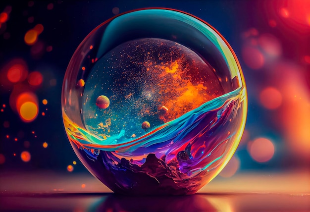 A glass ball with a colorful background and the word planets on it.