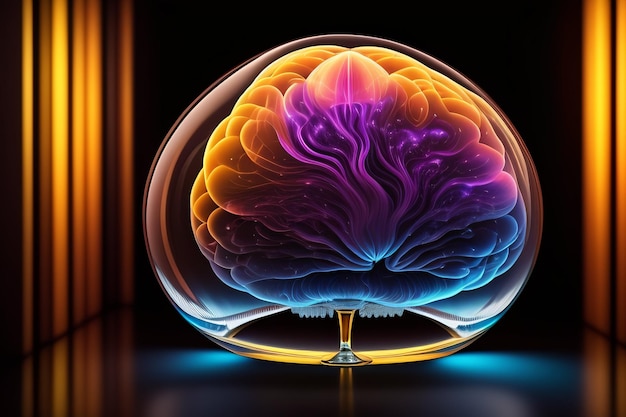 A glass ball with a colorful brain inside