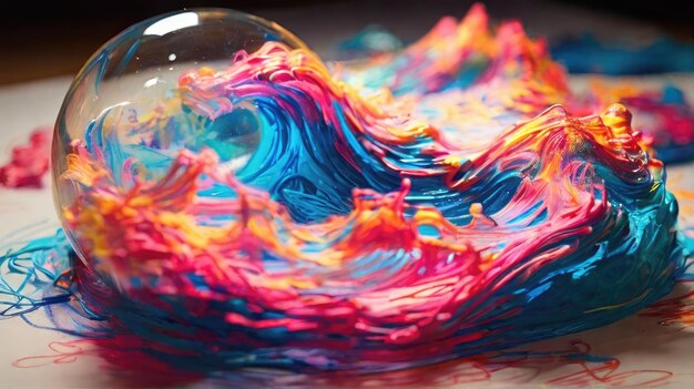 a glass ball with colorful dye on it is being blown out