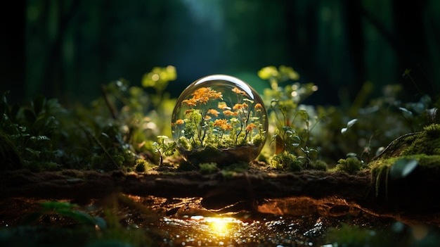 a glass ball with flowers in the forest