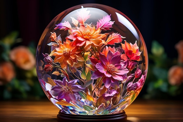 A glass ball with flowers inside of it AI