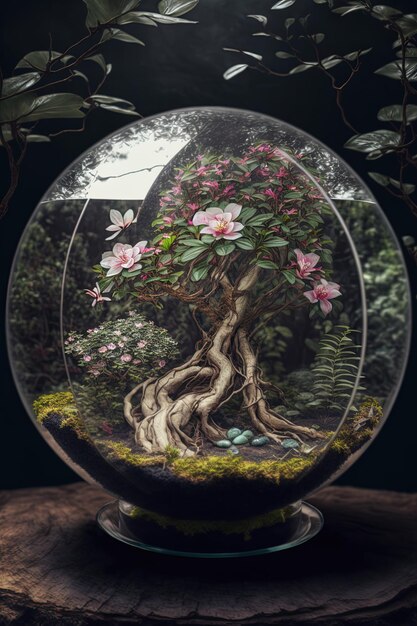 Photo a glass ball with flowers and trees in it