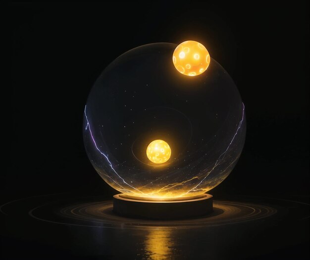 glass ball with glowing balls inside on a dark background