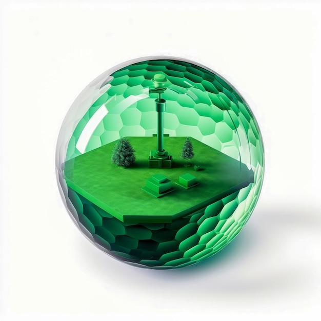 A glass ball with a green sphere with a small scene inside.