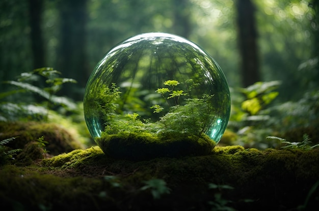 Glass ball with green trees inside in the forest Environment conservation concept generative ai