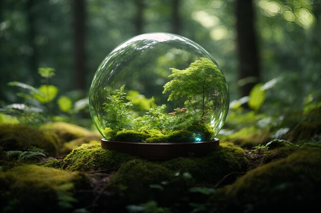 Glass ball with green trees inside in the forest Environment conservation concept generative ai