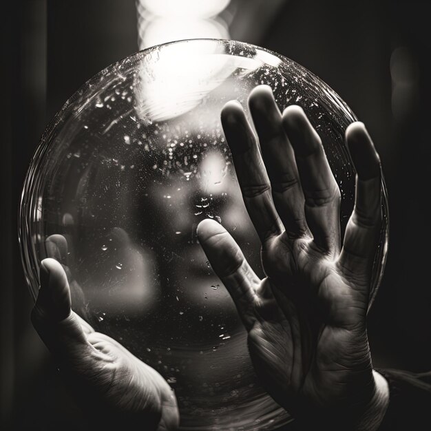Photo a glass ball with a hand holding a globe that says  starfish