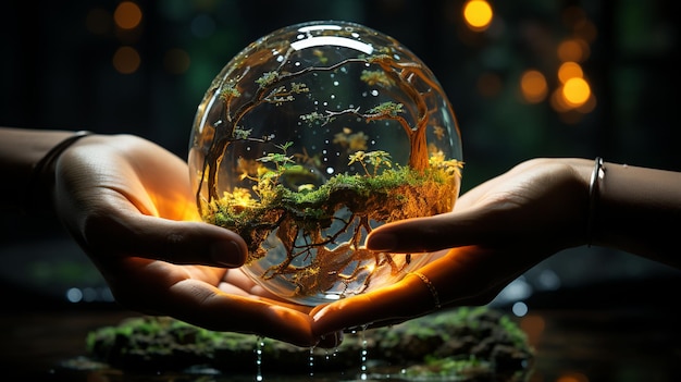 a glass ball with the hands holding a globe of algae.