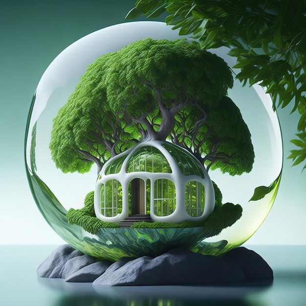 A glass ball with a house inside and a tree inside