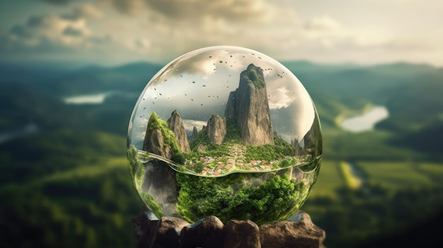 a glass ball with a landscape inside