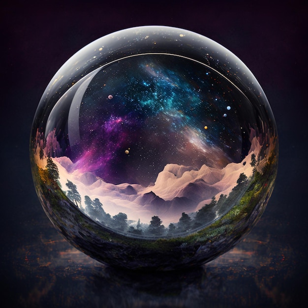 A glass ball with a landscape in the middle of it.