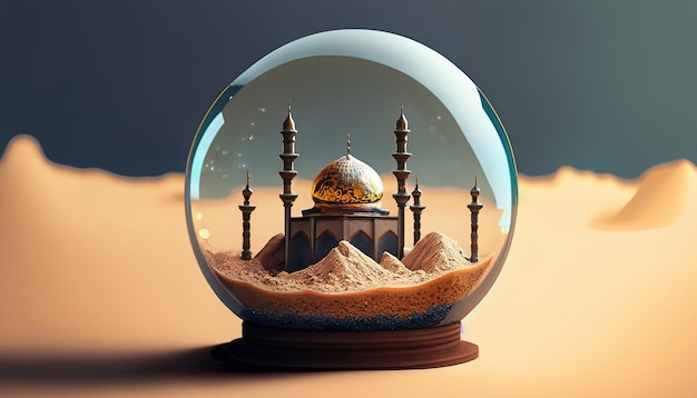 Foto una palla di vetro con dentro una miniatura di una moschea sopra il deserto con uno sfondo a tinta unita