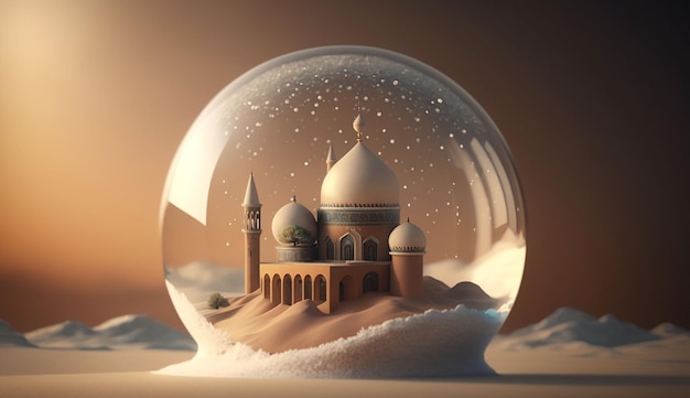 A glass ball with a miniature of mosque inside over the desert