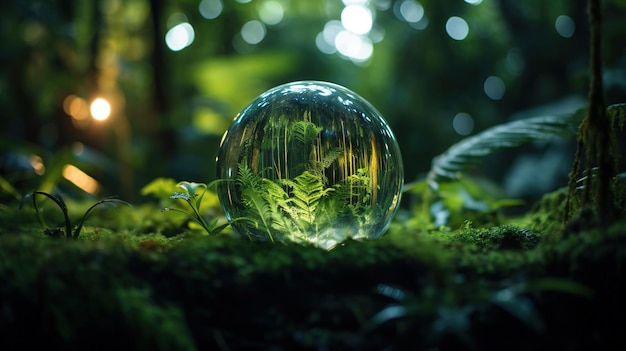 A glass ball with moss and moss in the forest