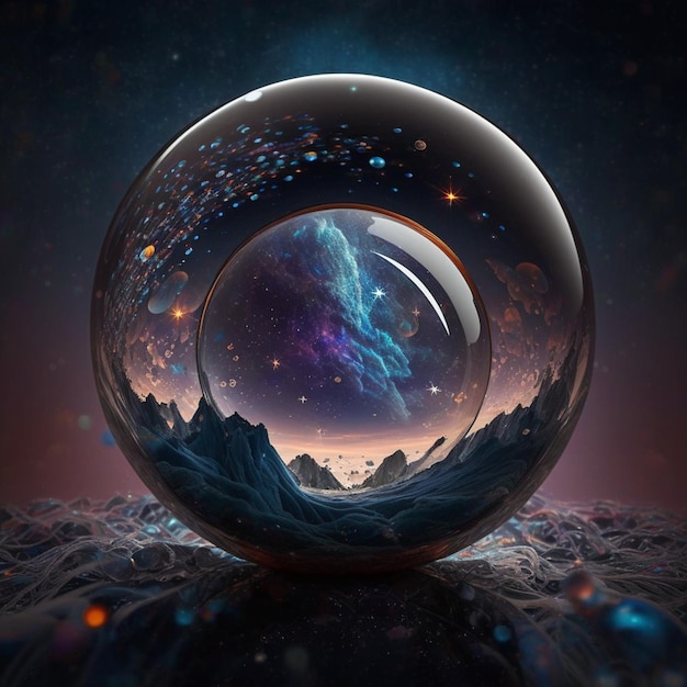 A glass ball with a mountain and a planet in the background