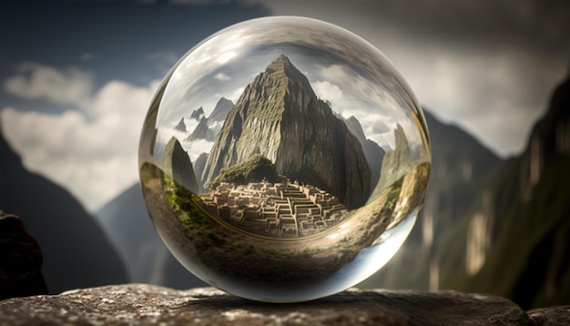 A glass ball with mountains in the background