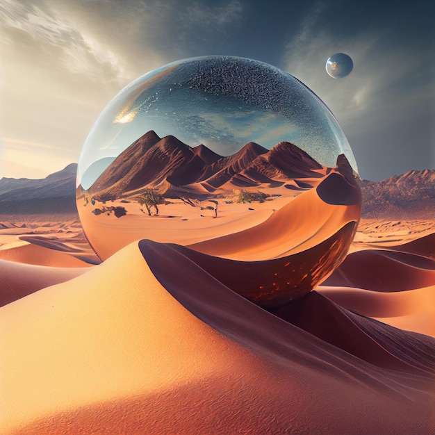 A glass ball with mountains in the background