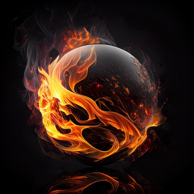 A glass ball with orange and yellow flames on black background