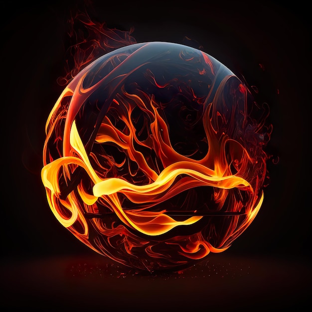 A glass ball with orange and yellow flames on black background