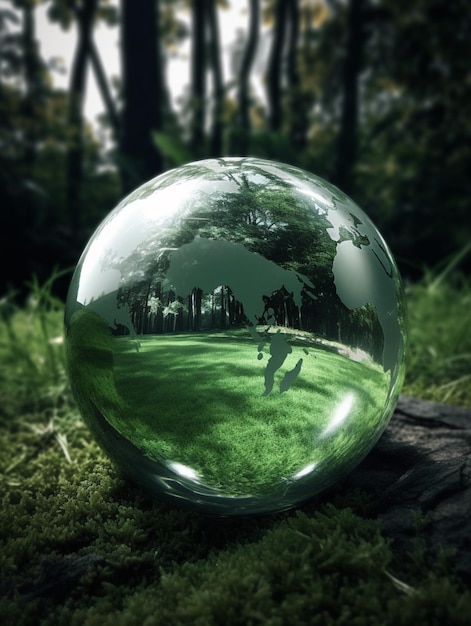 A glass ball with a picture of a dog and a tree in the background.