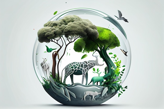 A glass ball with a picture of a giraffe and trees.