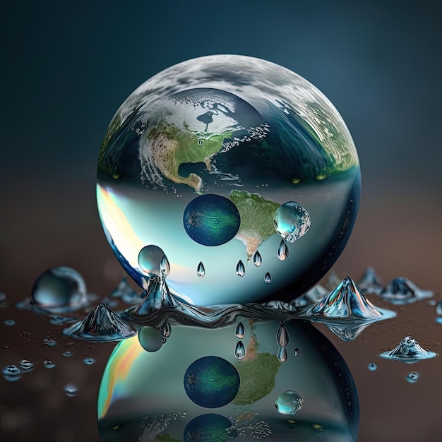 A glass ball with the planet on it is surrounded by water droplets.