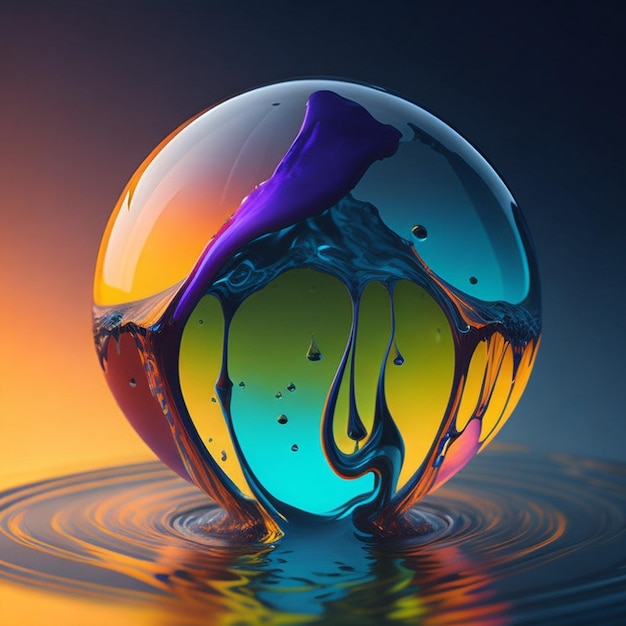 a glass ball with a purple and yellow color on it