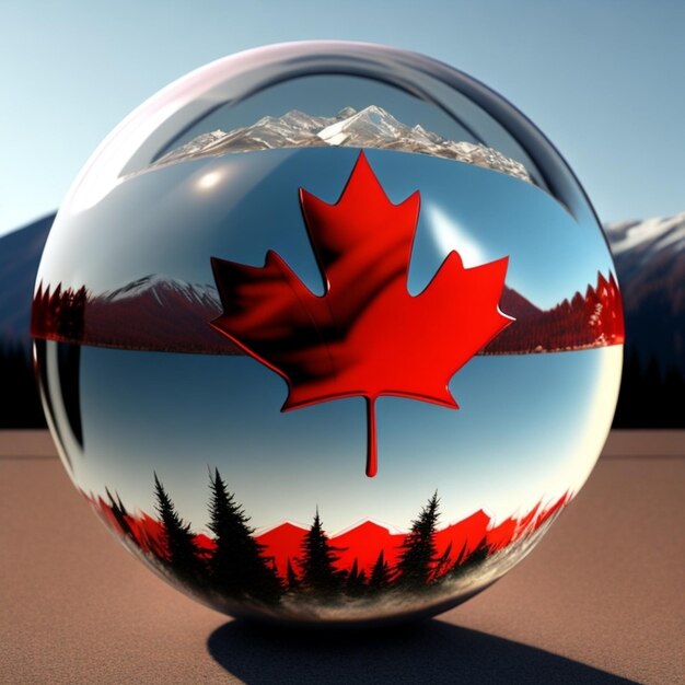 A glass ball with a red maple leaf in the middle of it.